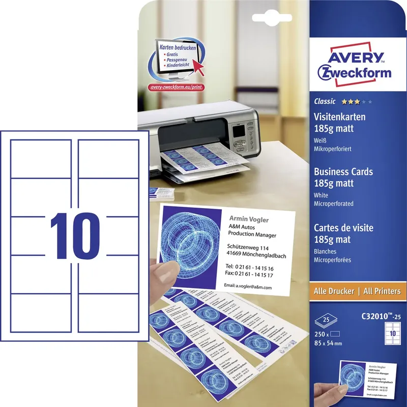 C32010-25 Bedrukbare visitekaarten 85 x 54 mm 250 stuk(s) Papierformaat: DIN A4 von Avery in Weiß – Produktfoto