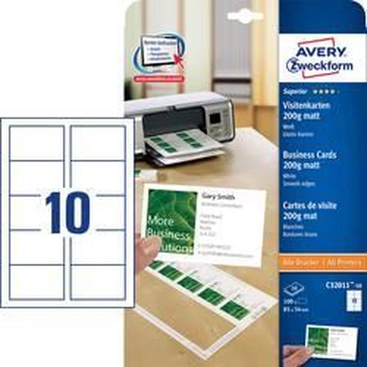 C32011-10 Bedrukbare visitekaarten, gladde kant 85 x 54 mm 100 stuk(s) Papierformaat: DIN A4 by Avery in White – product photo