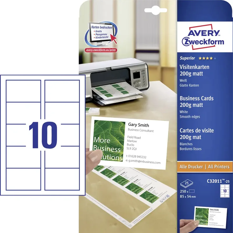 C32011-25 Bedrukbare visitekaarten, gladde kant 85 x 54 mm 250 stuk(s) Papierformaat: DIN A4 by Avery in White – product photo