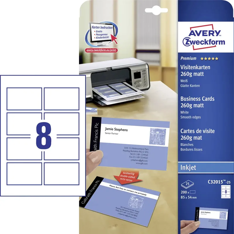 C32015-25 Bedrukbare visitekaarten, gladde kant 85 x 54 mm 200 stuk(s) Papierformaat: DIN A4 de Avery en Blanc – photo produit