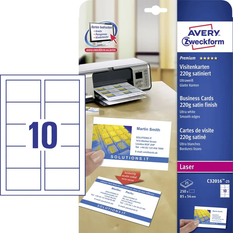 C32016-25 Bedrukbare visitekaarten, gladde kant 85 x 54 mm 250 stuk(s) Papierformaat: DIN A4 by Avery in White – product photo