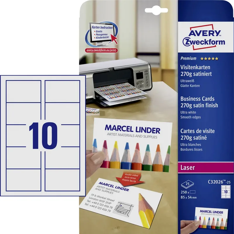 C32026-25 Bedrukbare visitekaarten, gladde kant 85 x 54 mm 250 stuk(s) Papierformaat: DIN A4 von Avery in Ultra-wit – Produktfoto