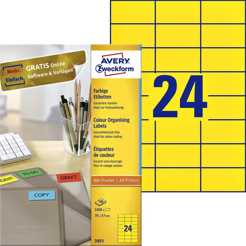 Etiket avery 3451 70x37mm geel 2400st | 5 stuks van Avery – productfoto