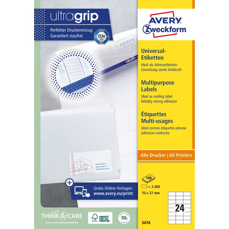 Etiket avery 3474 70x37mm wit 2400st | 5 stuks by Avery – product photo