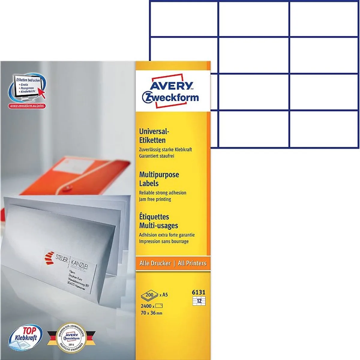 etiket Avery ILK 70x36mm op A5 vel doos a 200 vel 12 etiketten per vel van Avery in Wit – productfoto