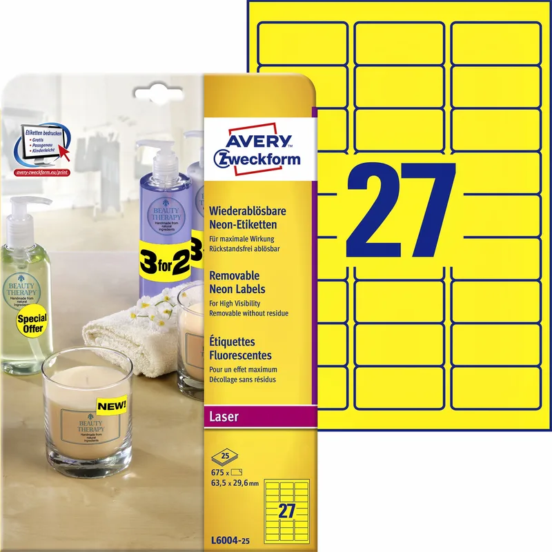 Etiket avery l6004-25 63.5x29.6 neon geel 675st | 5 stuks van Avery – productfoto