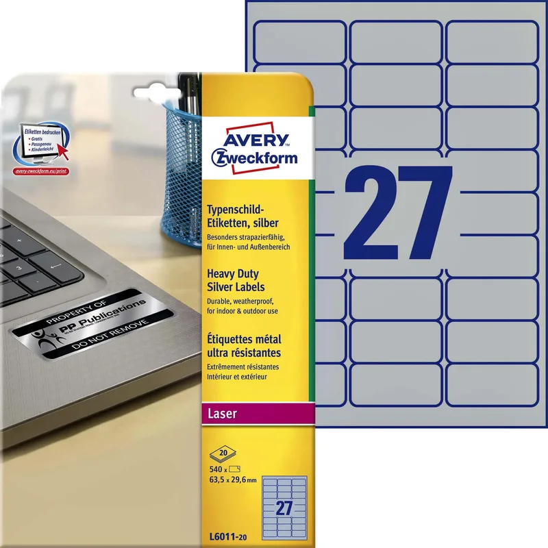 Etiket avery l6011-20 63.5x29.6mm zilver 540st | 5 stuks by Avery – product photo
