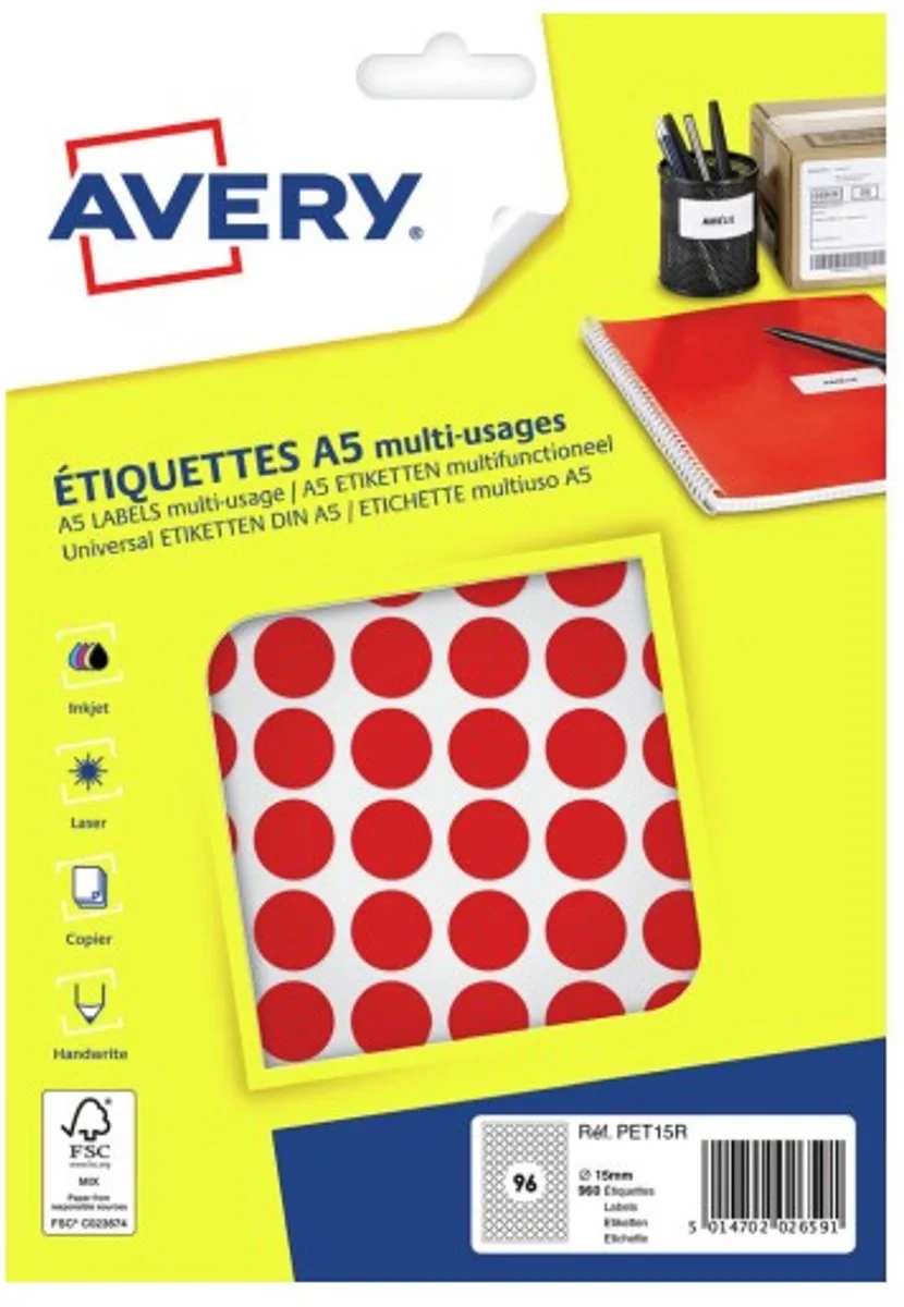 Etiket | papier | ∅15mm | 960 stuks by Avery in Red – product photo