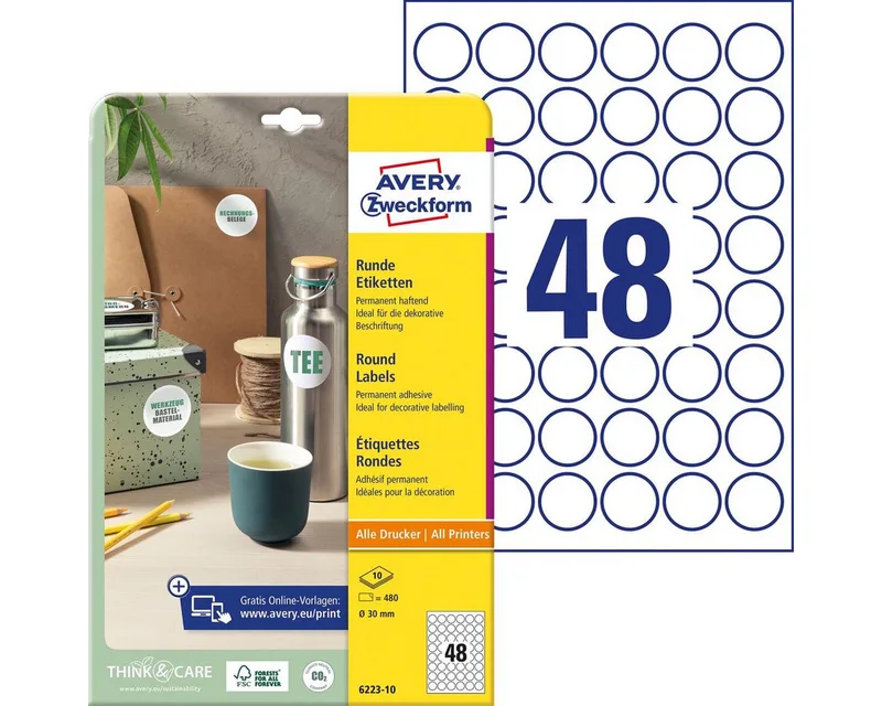 Etiketten Etiketten rund A4 30mm 10 Bogen/480 Etiketten de Avery en Blanc – photo produit