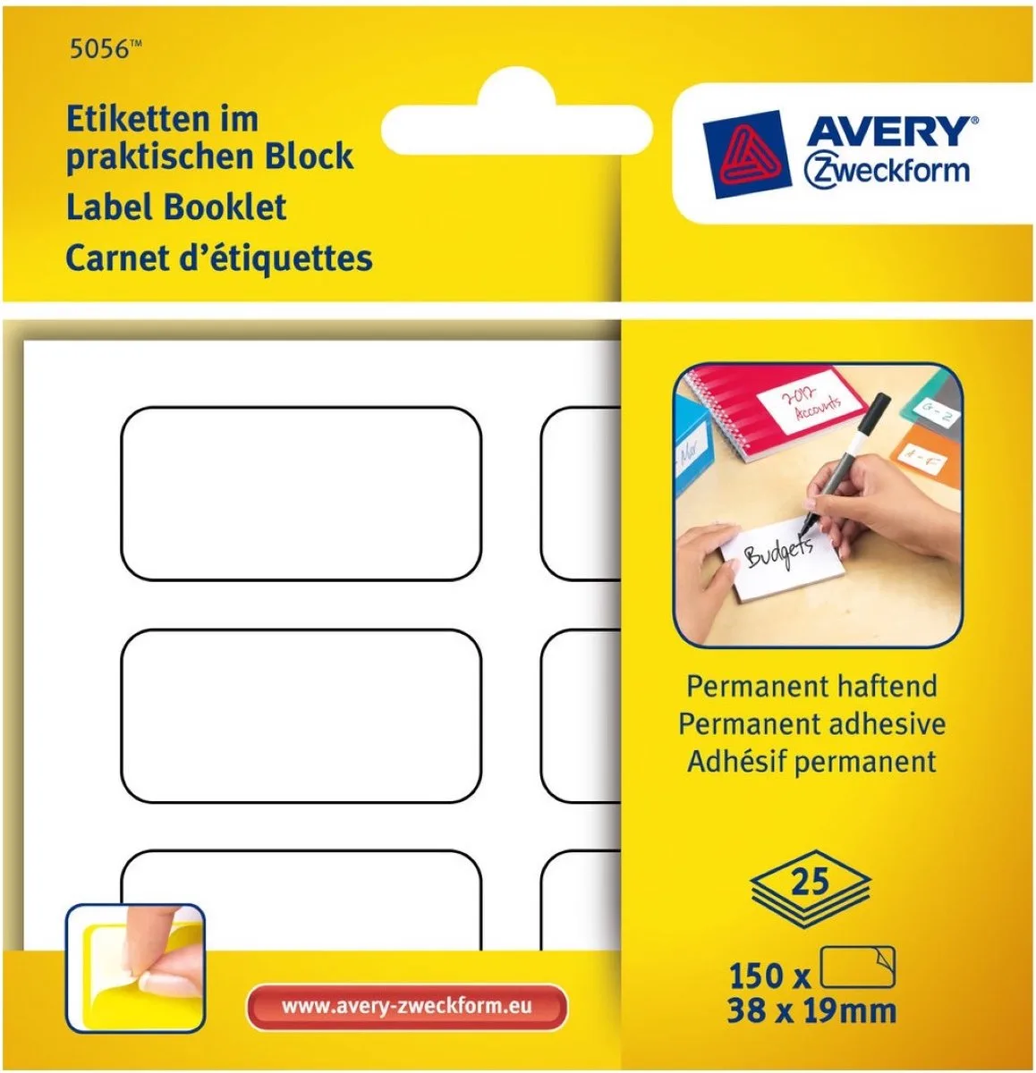 Etiketten in blok 38x19mm Permanent 150x stuks fra Avery i Hvid – produktbillede