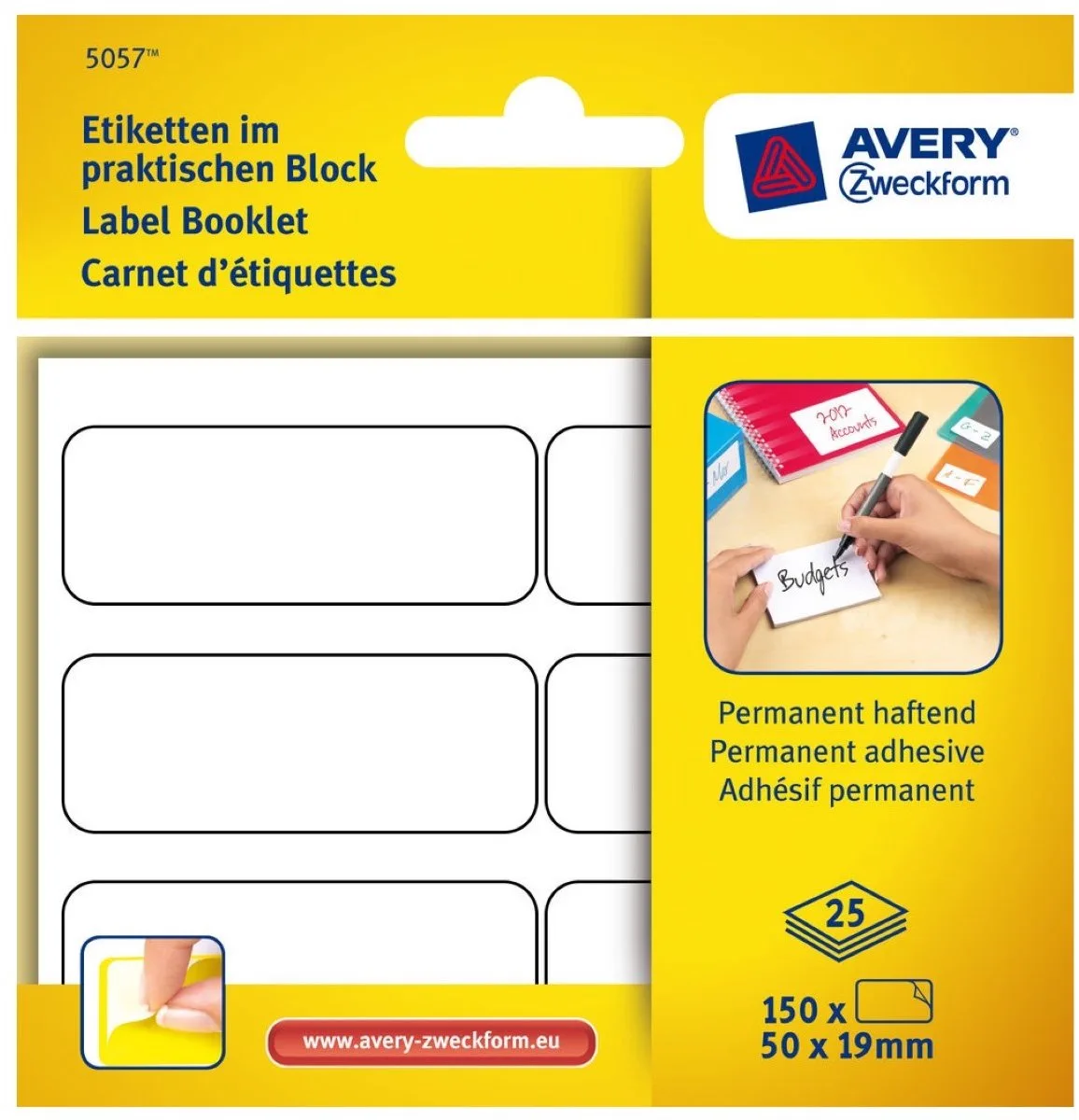 Etiketten in blok 50x19mm Permanent 150x stuks från Avery i Vit – produktbild