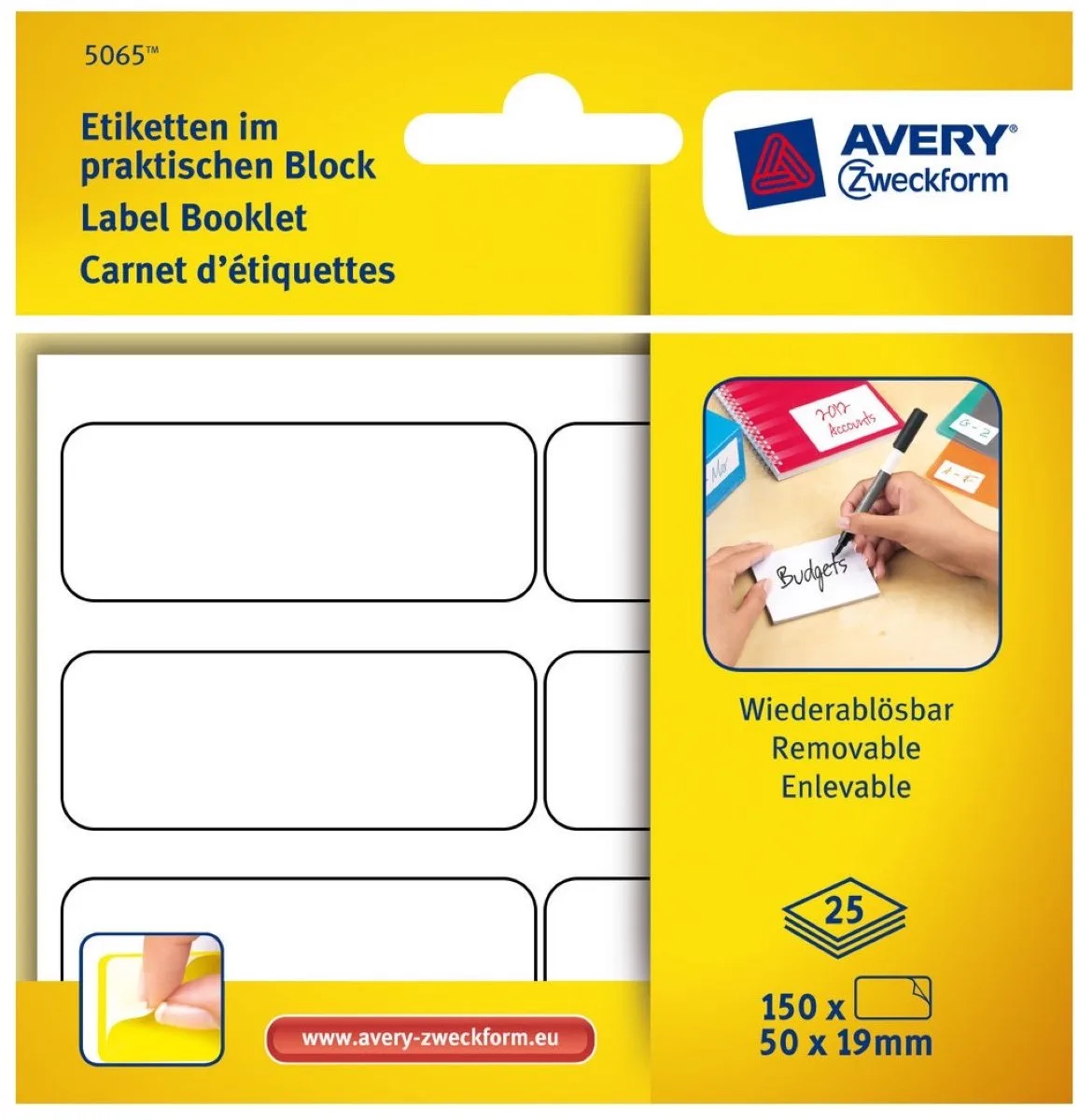 Etiketten in blok 50x19mm Verwijderbaar 150x stuks van Avery in Wit – productfoto