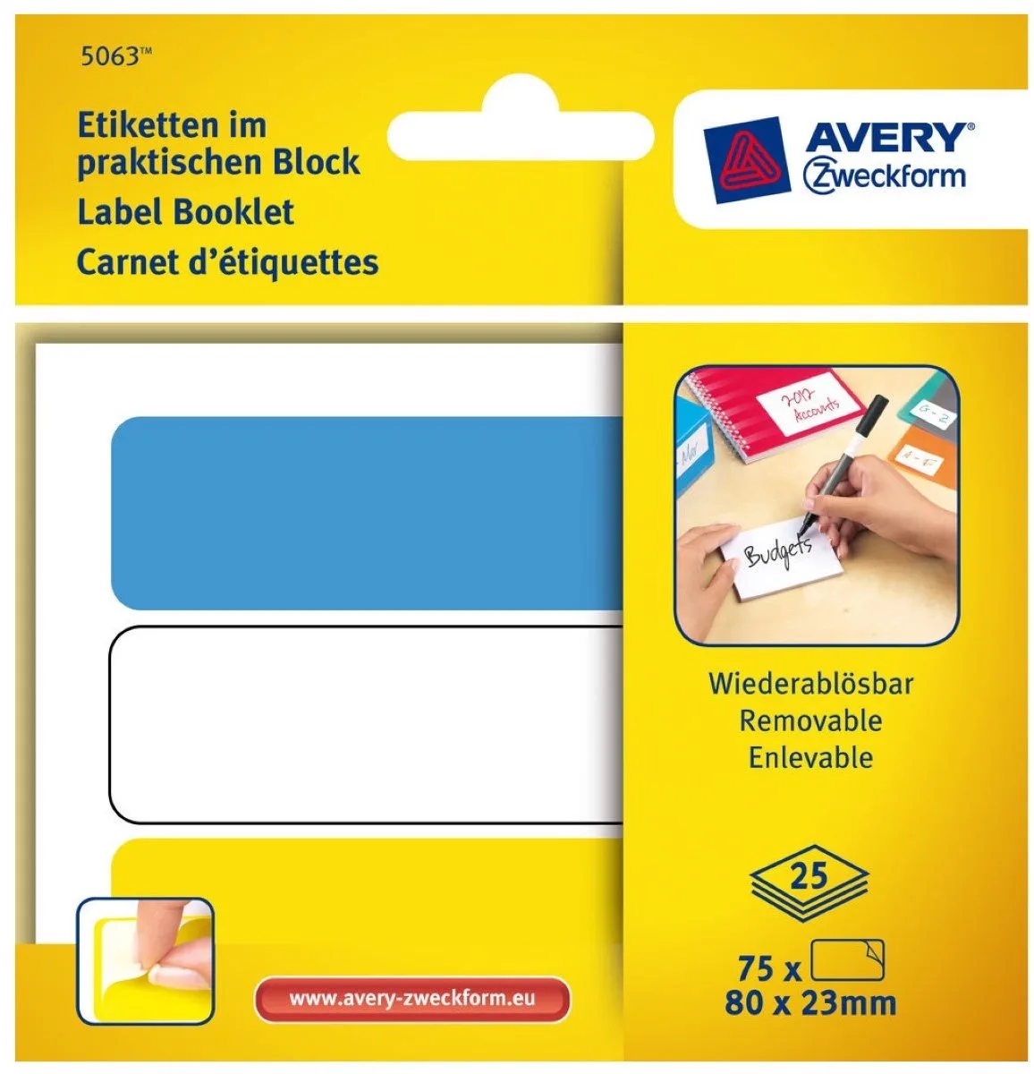 Etiketten in blok 80x23mm Gekleurd Verwijderbaar 75x stuks van Avery in Blauw – productfoto