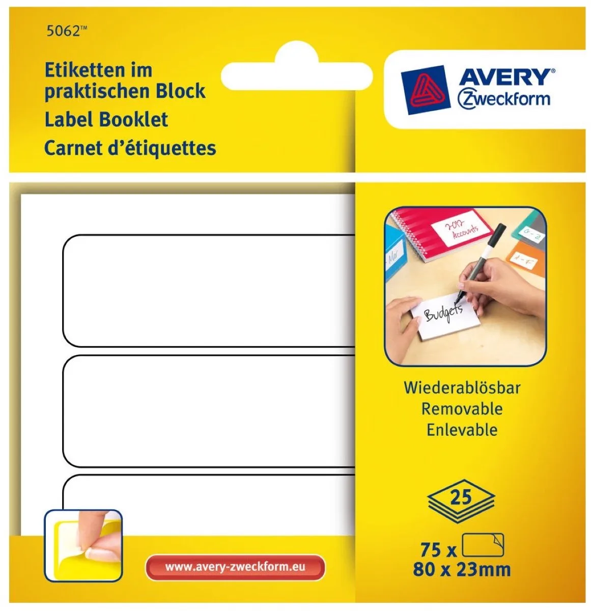 Etiketten in blok 80x23mm Verwijderbaar 75x stuks van Avery in Wit – productfoto