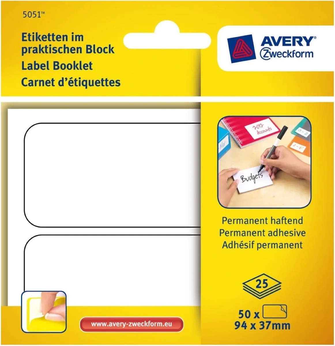Etiketten in blok 94x37mm Permanent 50x stuks van Avery in Wit – productfoto