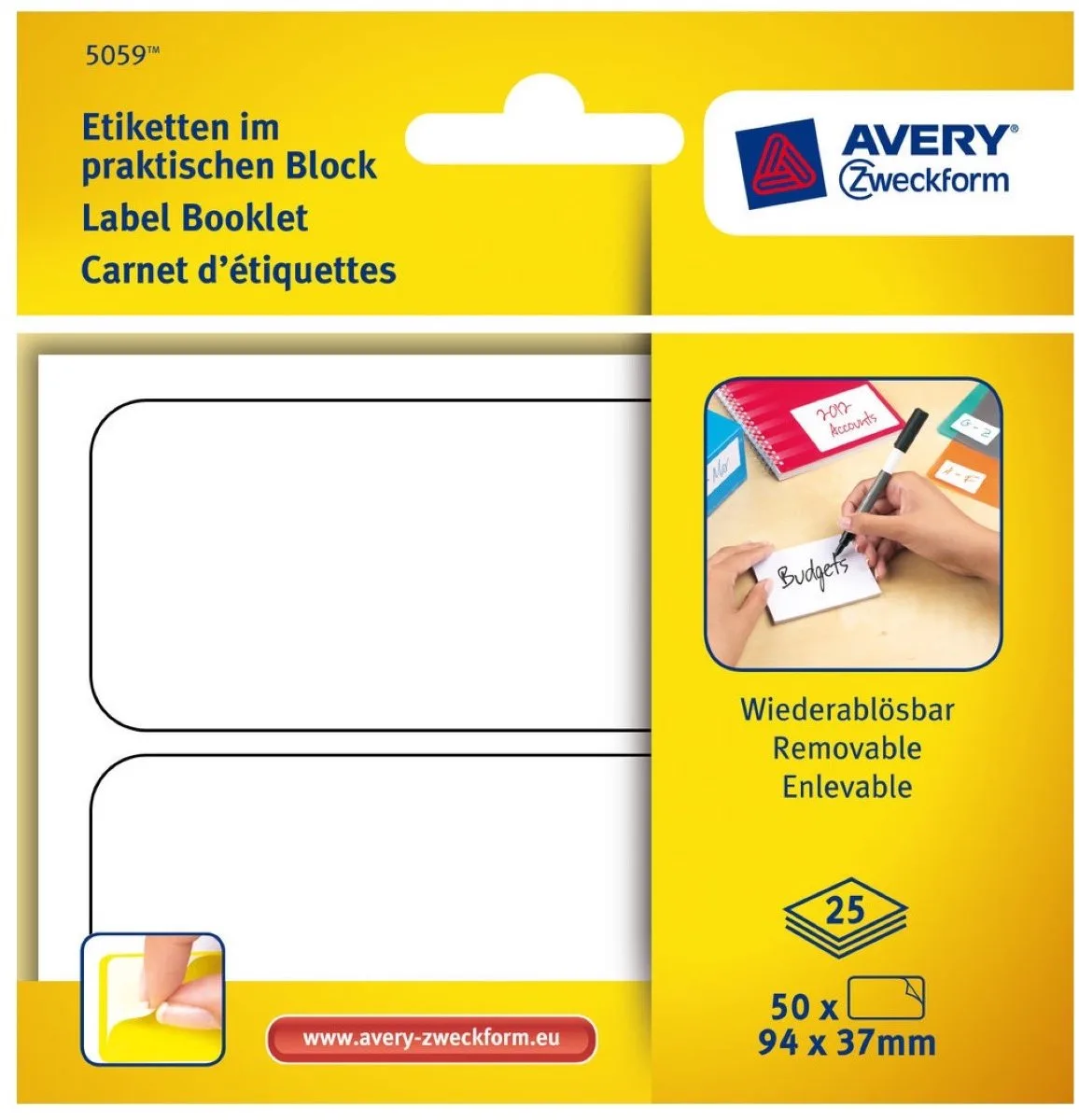 Etiketten in blok 94x37mm Verwijderbaar 50x stuks fra Avery i Hvid – produktbillede