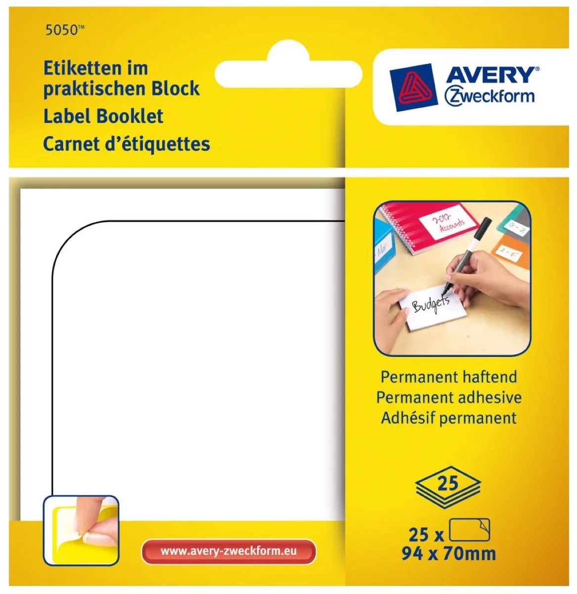 Etiketten in blok 94x70mm Permanent 50x stuks van Avery in Wit – productfoto