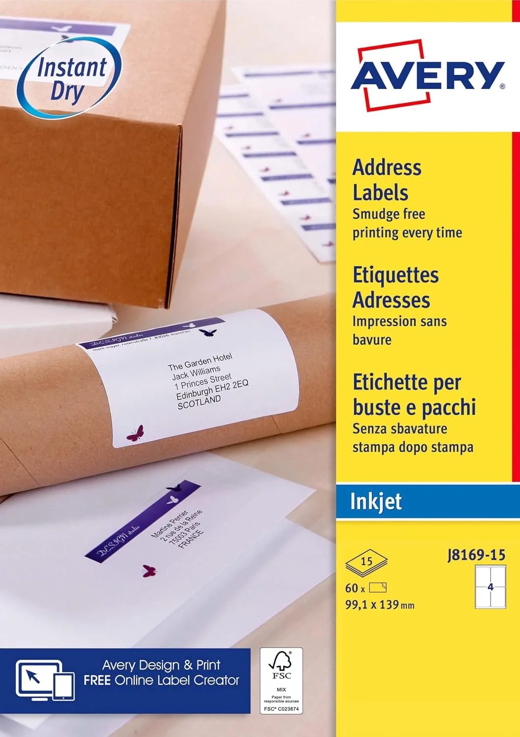 Etiketten J8169-15 99.1x139mm Inkjet FSC 15 stuks de Avery en Blanc – photo produit