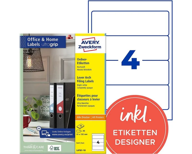 Etiketten L4761-10, für Ordner, kurz/breit (61x192 mm), selbstklebend von Avery in Weiß – Produktfoto