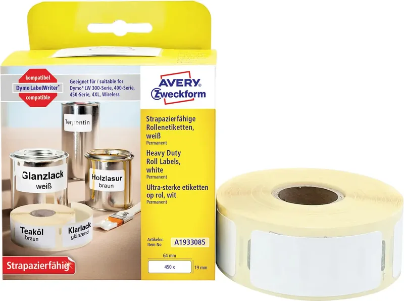 Etiketten Rolle 19 x 64 mm Folie Weiß 450 St. Permanent haftend A1933085 Universal-Etiketten de Avery – photo produit