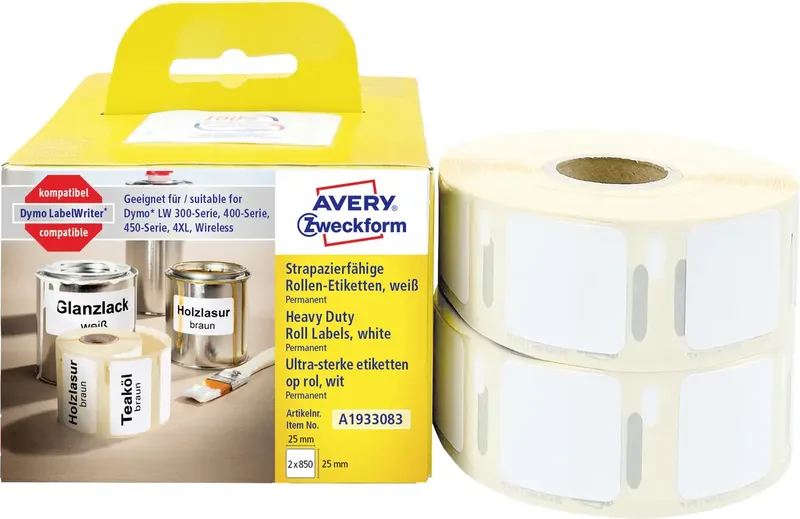 Etiketten (Rolle) 25 x 25 mm Folie Weiß 1 Set Permanent haftend A1933083 Universal-Etiketten von Avery – Produktfoto