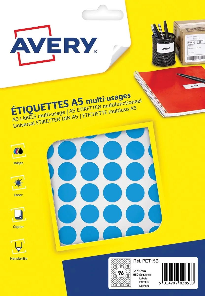Etiketten Rond 15 Mm Papier 960 Stuks van Avery in Blauw – productfoto