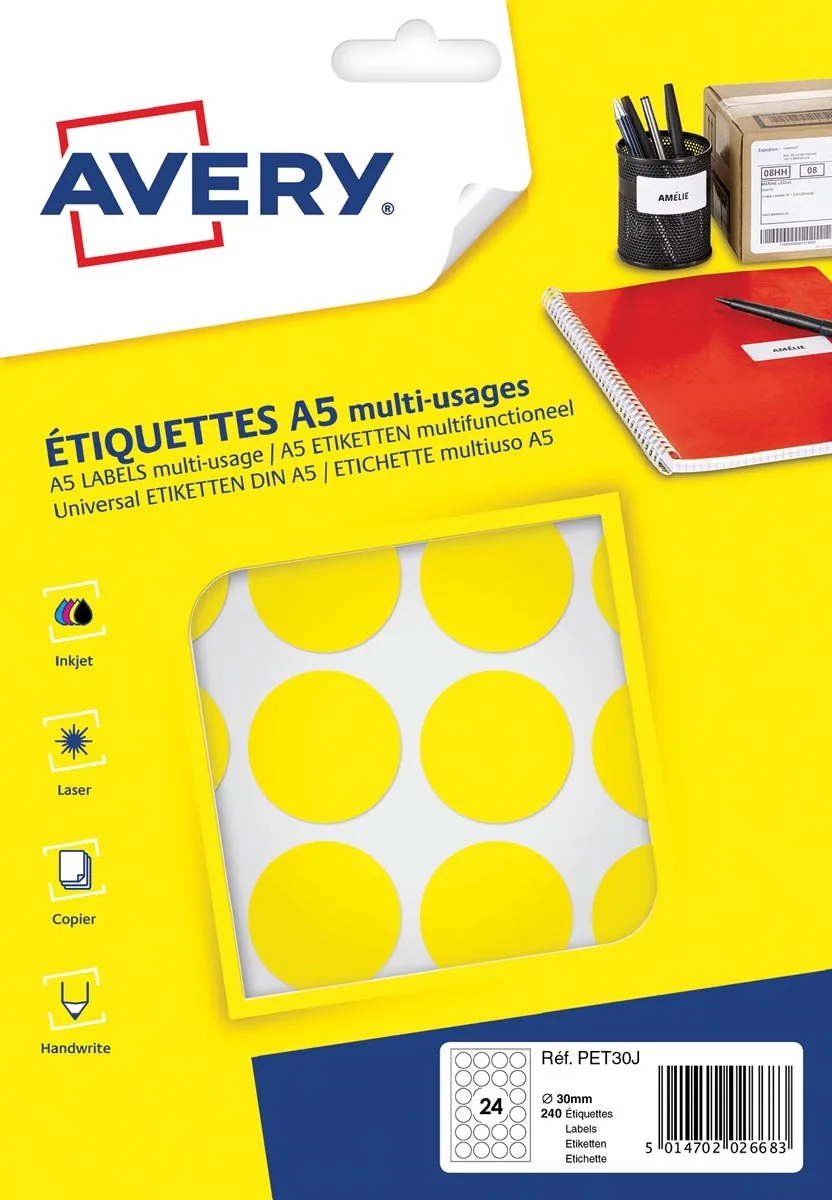 Etiketten Rond 30 Mm Papier 240 Stuks von Avery in Gelb – Produktfoto