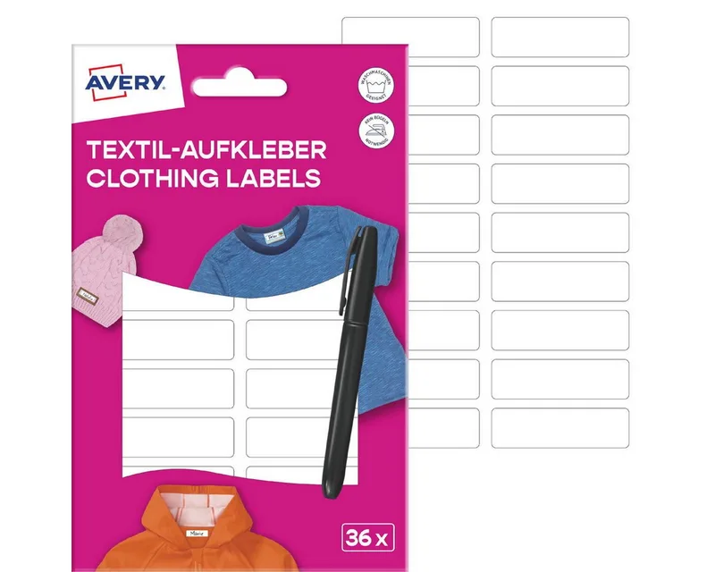 Etiketten Textilaufkleber 45x13mm 36 Stück Etiketten + Stift von Avery in Weiß – Produktfoto