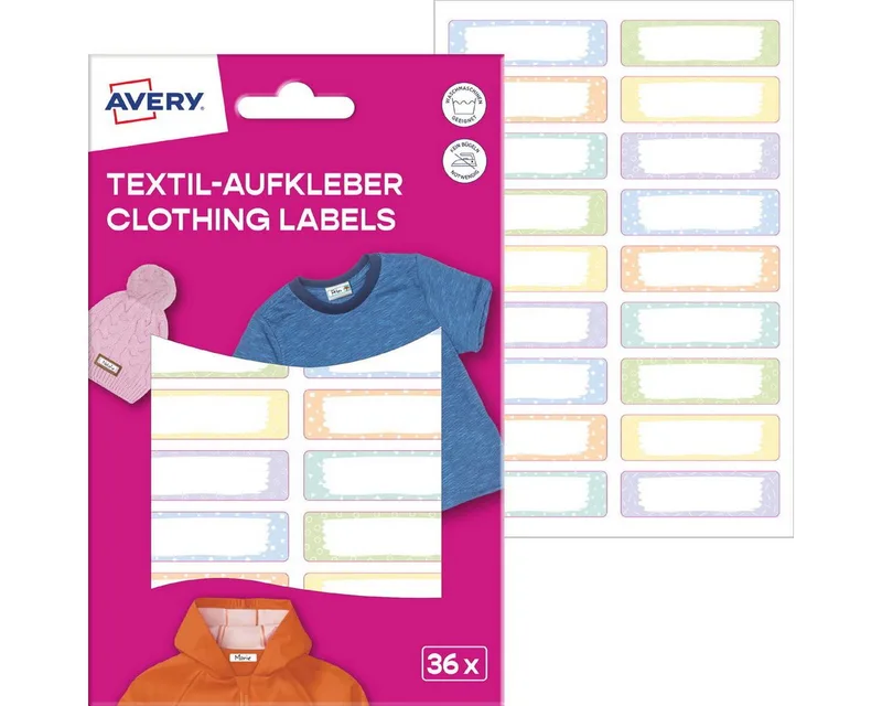 Etiketten Textilaufkleber 45x13mm 36 Stück Motiv pastell de Avery en Multicolore – photo produit