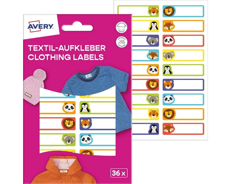 Etiketten Textilaufkleber 45x13mm 36 Stück Motiv Tiere de Avery en Multicolore – photo produit