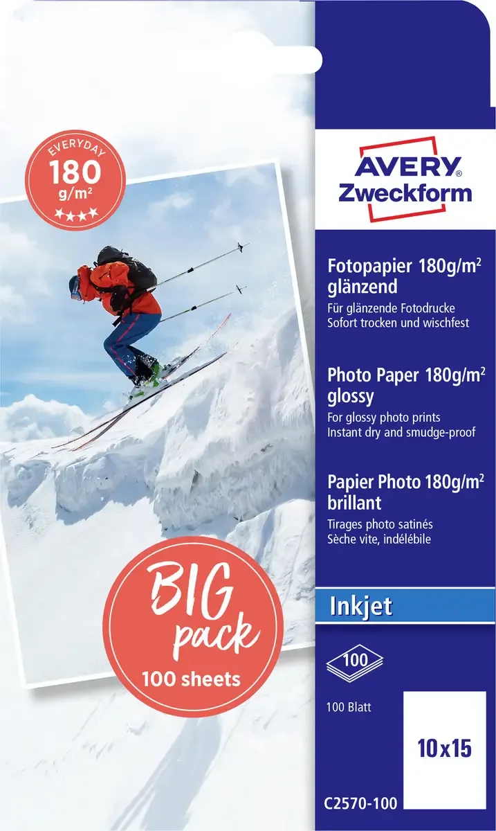 Everyday C2570-100 Fotopapier 10 x 15 cm 180 g/m² 100 Blatt Glänzend de Avery – photo produit