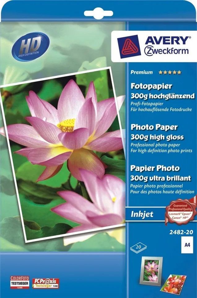 Fotopapier Inkjet-Fotopapier Premium A4 einseitig beschichtet hochglänzend 300 g von Avery in Weiß – Produktfoto