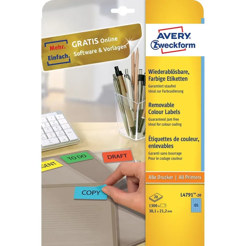 gekleurde etiketten ft 38,1 x 21,2 mm (b x h), afneembaar, blauw, 1300 stuks, 65 per blad van Avery – productfoto