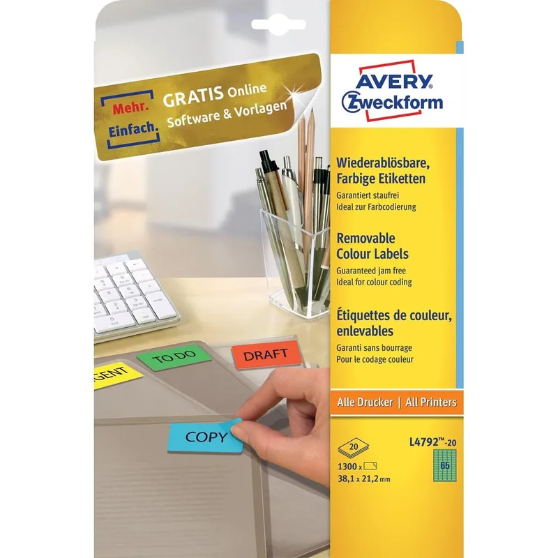 gekleurde etiketten ft 38,1 x 21,2 mm (b x h), afneembaar, groen, 1300 stuks, 65 per blad van Avery – productfoto