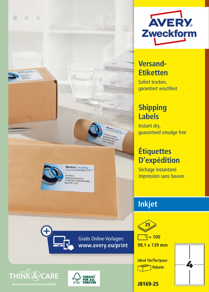 Inkjet Versand-Etiketten, 99,1 x 139 mm fra Avery – produktbillede