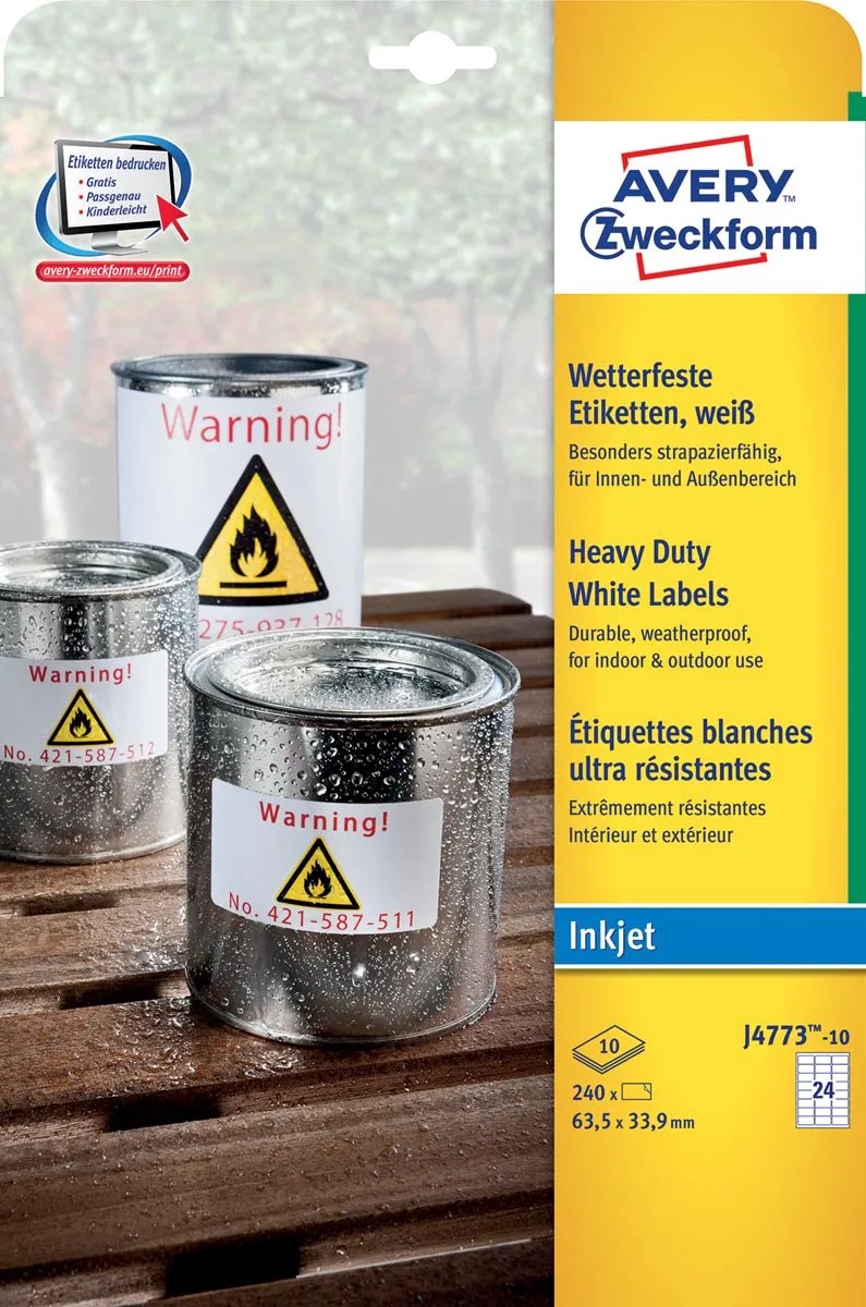 J4773-10 weerbestendige etiketten ft 63,5 x 33,9 mm (b x h), 2.400 etiketten, wit 5 stuks von Avery in 63, 5 × 33, 9 mm – Produktfoto