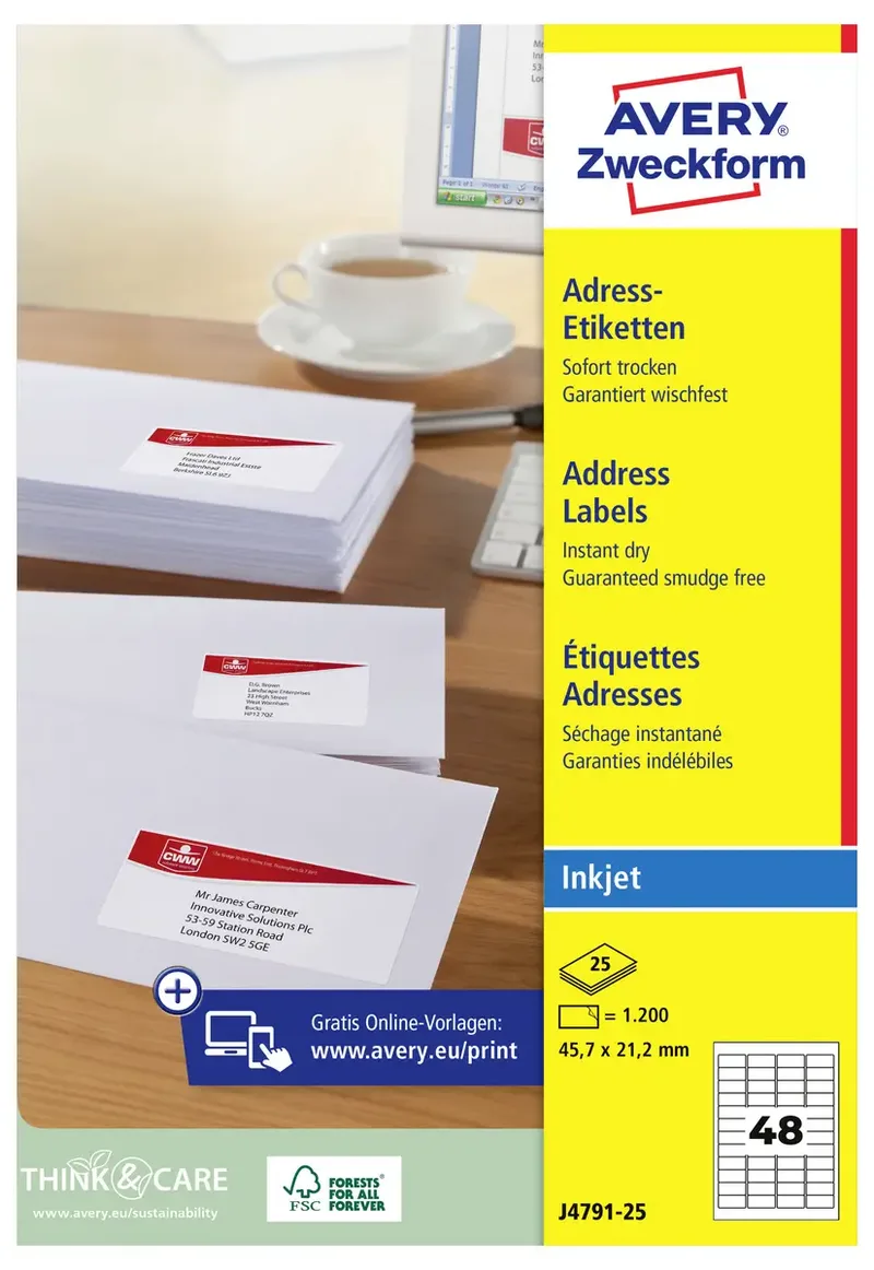 J4791-25 Adress-Etiketten 45.7 x 21.2 mm Papier Weiß 1200 St. Permanent haftend Tintenstrahldrucker, Handbeschriftung by Avery – product photo