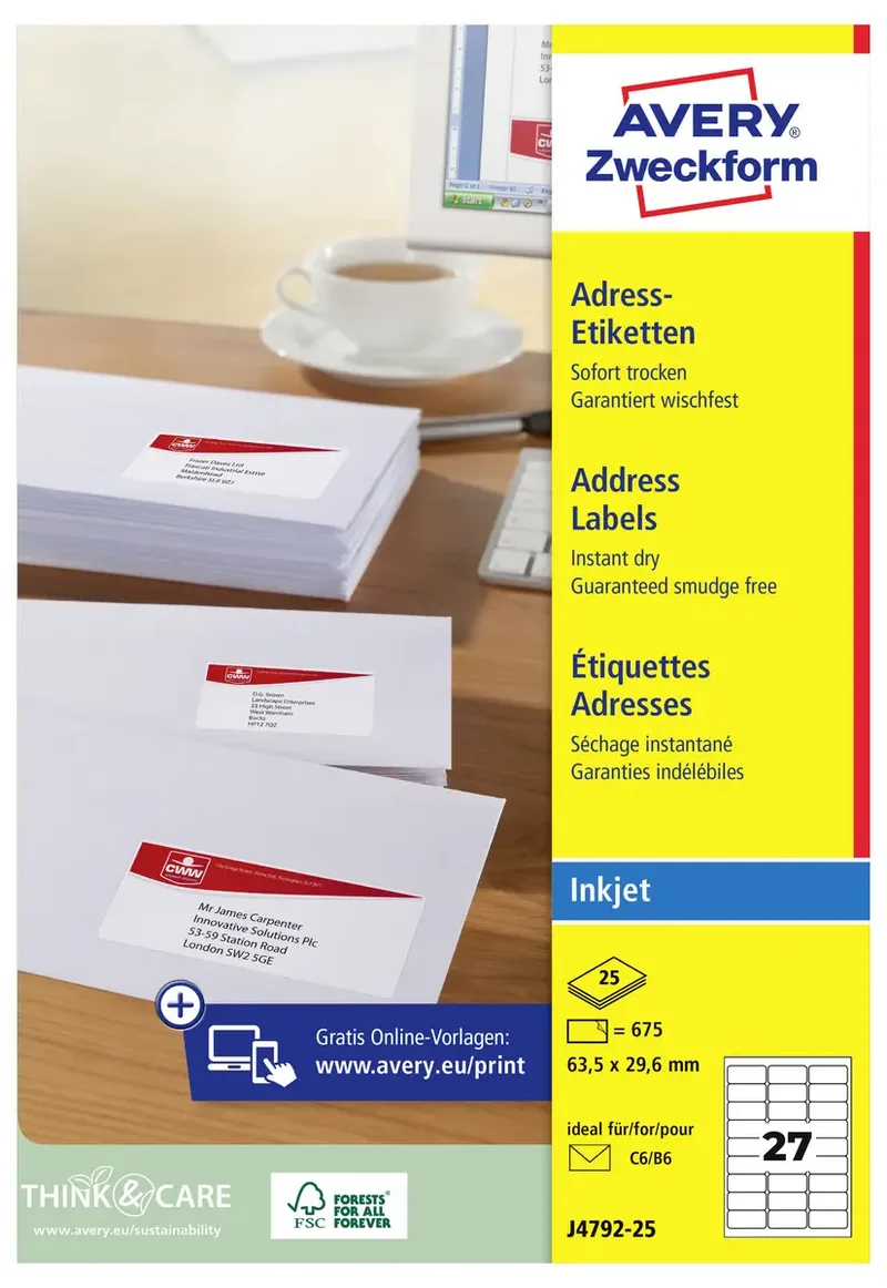 J4792-25 Adress-Etiketten 63.5 x 29.6 mm Papier Weiß 675 St. Permanent haftend Tintenstrahldrucker, Handbeschriftung von Avery – Produktfoto