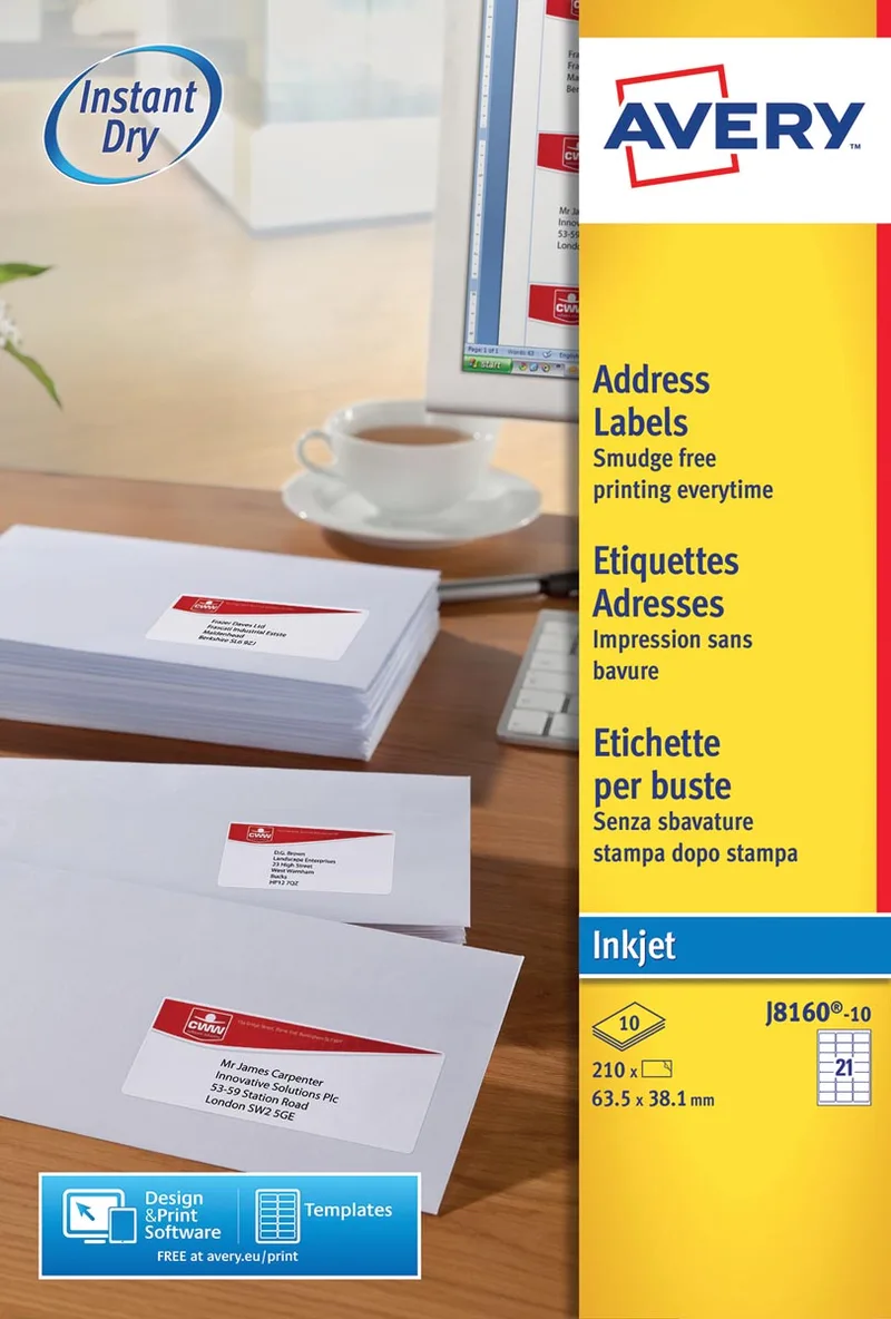 J8160-10 adresetiketten ft 63,5 x 38,1 mm (b x h), 210 etiketten, wit van Avery – productfoto