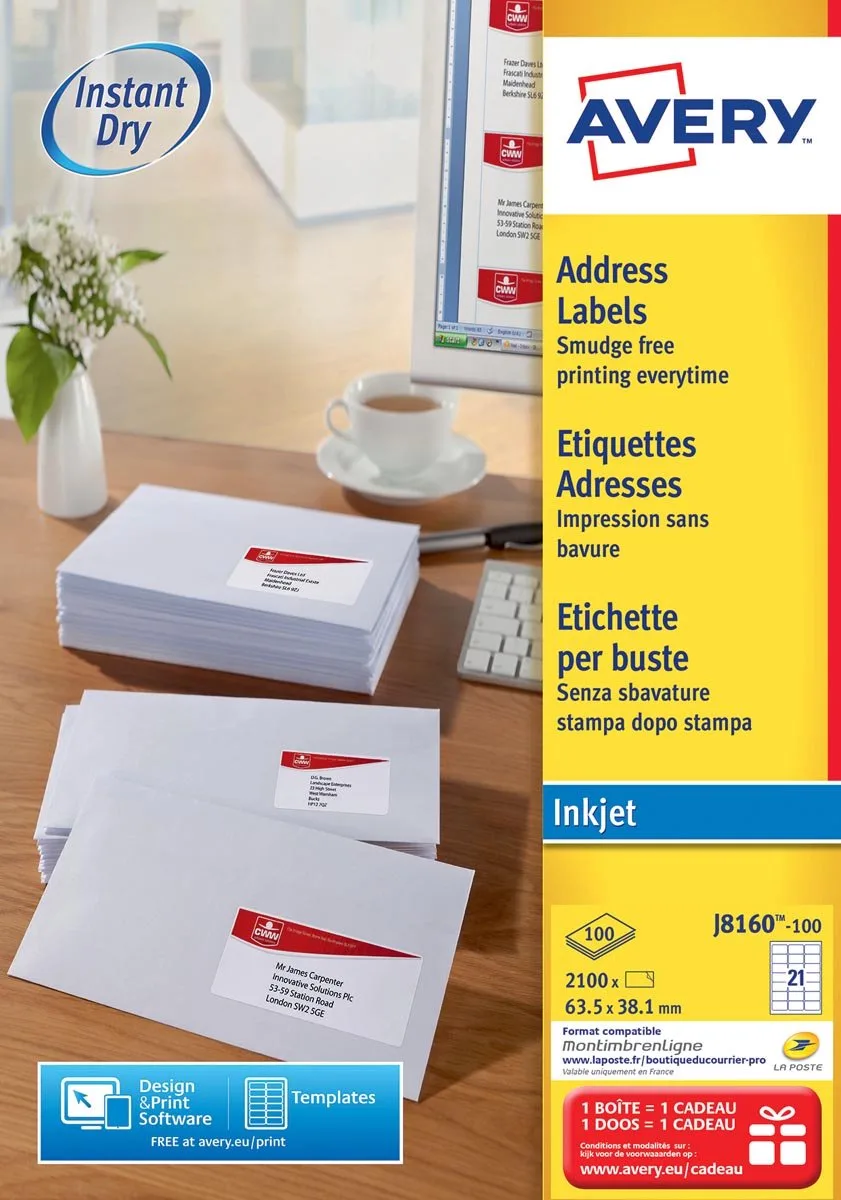 J8160-100 adresetiketten 63,5 x 38,1 mm (b x h), 2.100 etiketten, wit 5 stuks by Avery in 63, 5 × 38, 1 mm – product photo
