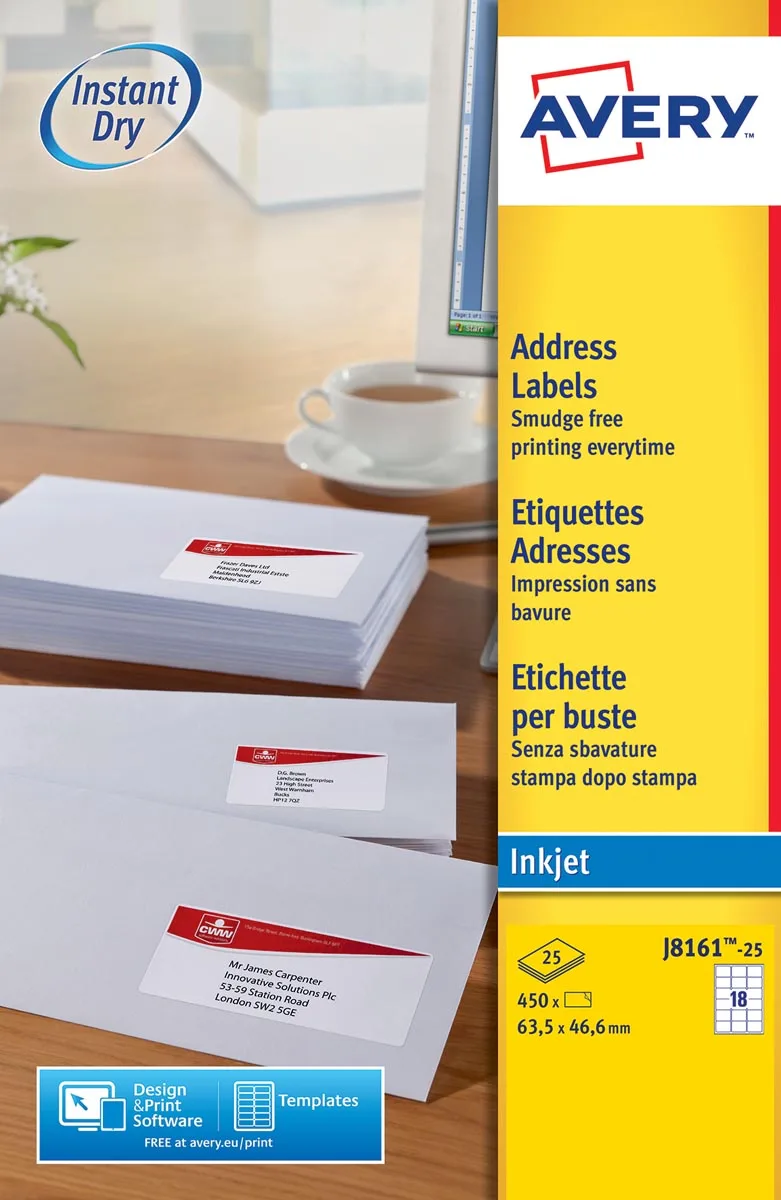 J8161-25 adresetiketten ft 63,5 x 46,6 mm (b x h), 450 etiketten, wit by Avery – product photo