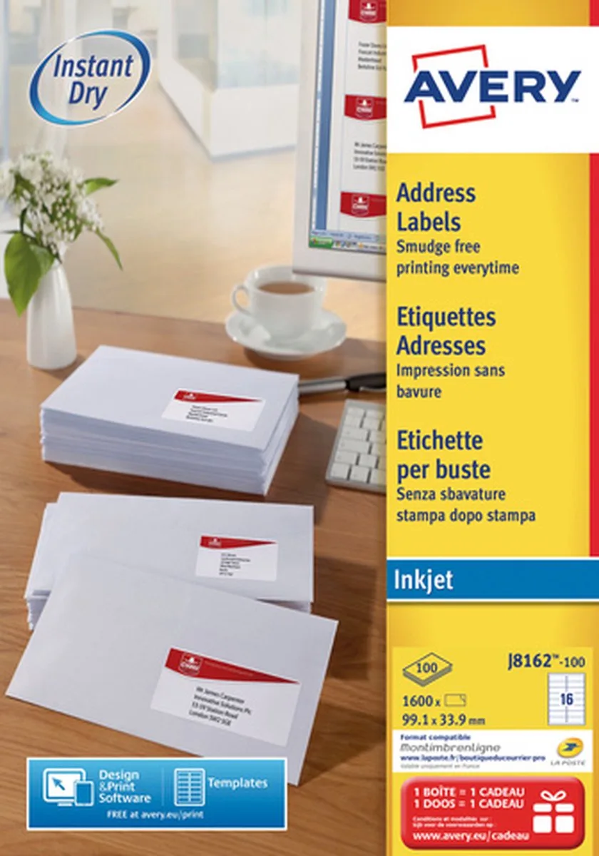 J8162-100 adreslabels van Avery in De (hoofd)kleur(en) van het product. – productfoto