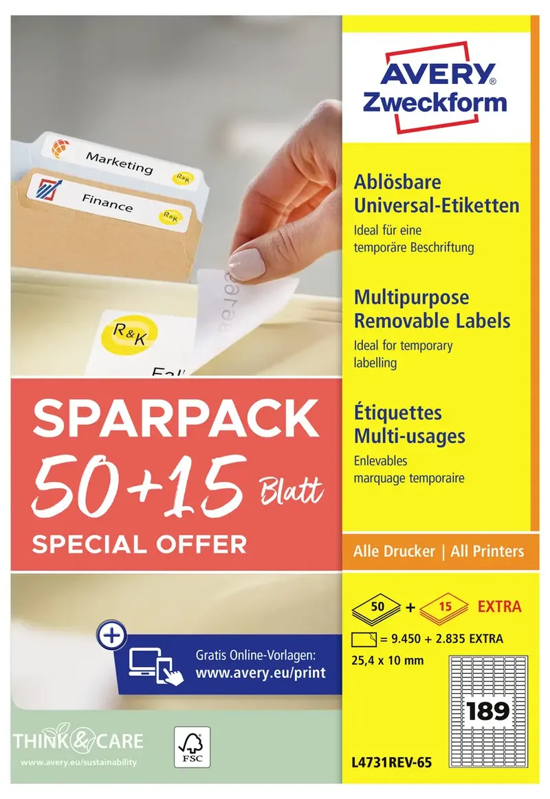 L4731REV-65 Universal-Etiketten 25.4 x 10 mm Papier Weiß 65 Blatt Wiederablösbar Tintenstrahldrucker, Laserdrucker, Farblaserdrucker, Kopierer by Avery – product photo