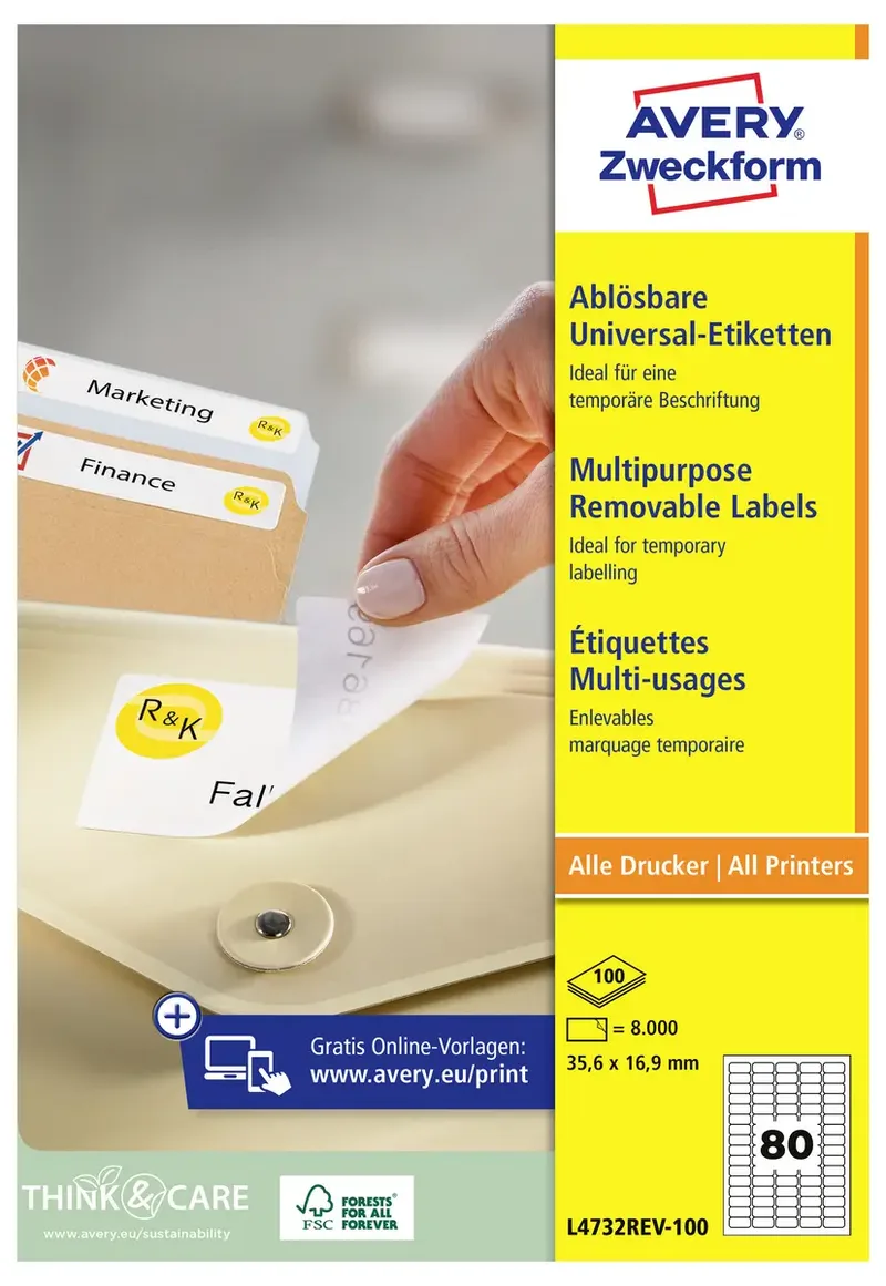 L4732REV-100 Universal-Etiketten 35.6 x 16.9 mm Papier Weiß 8000 St. Wiederablösbar Tintenstrahldrucker, Laserdrucker, Farblaserdrucker by Avery – product photo