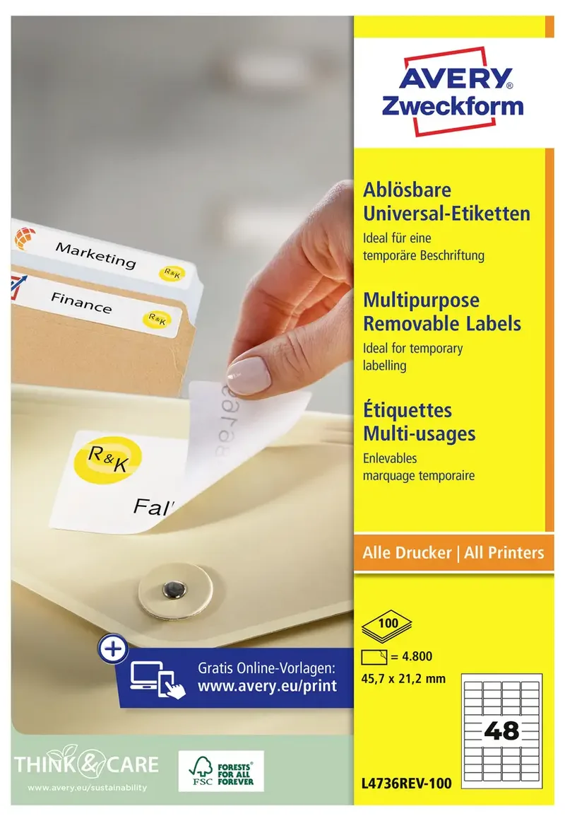 L4736REV-100 Universal-Etiketten 45.7 x 21.2 mm Papier Weiß 4800 St. Wiederablösbar Tintenstrahldrucker, Laserdrucker, Farblaserdrucker von Avery – Produktfoto
