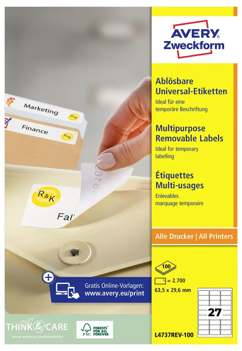 L4737REV-100 Universal-Etiketten 63.5 x 29.6 mm Papier Weiß 2700 St. Wiederablösbar Tintenstrahldrucker, Laserdrucker, Farblaserdrucker de Avery – photo produit