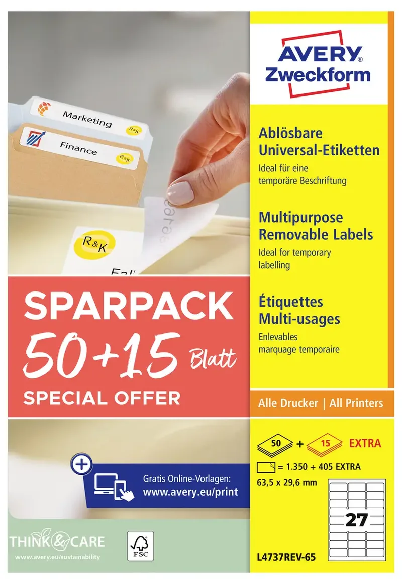 L4737REV-65 Universal-Etiketten 63.5 x 29.6 mm Papier Weiß 65 Blatt Wiederablösbar Tintenstrahldrucker, Laserdrucker, Farblaserdrucker by Avery – product photo
