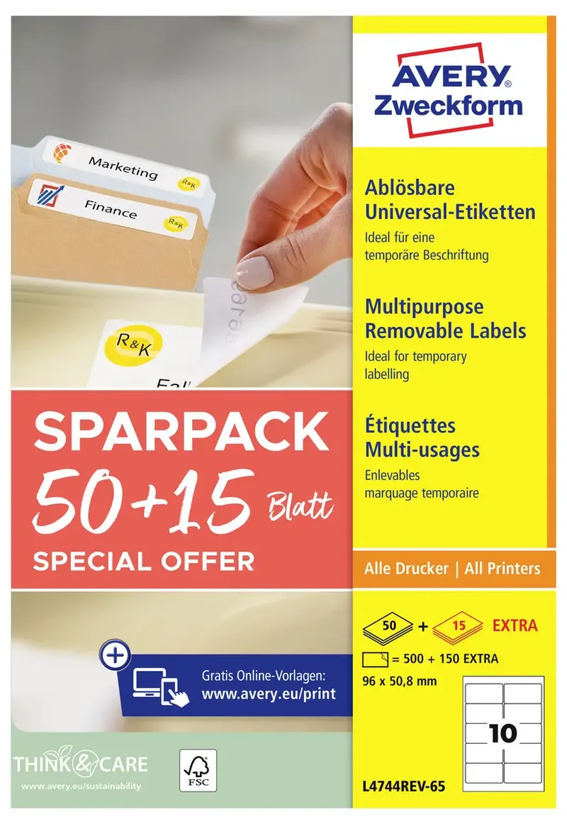 L4744REV-65 Universal-Etiketten 96 x 50.8 mm Papier Weiß 65 Blatt Wiederablösbar Tintenstrahldrucker, Laserdrucker, Farblaserdrucker, Kopierer by Avery – product photo