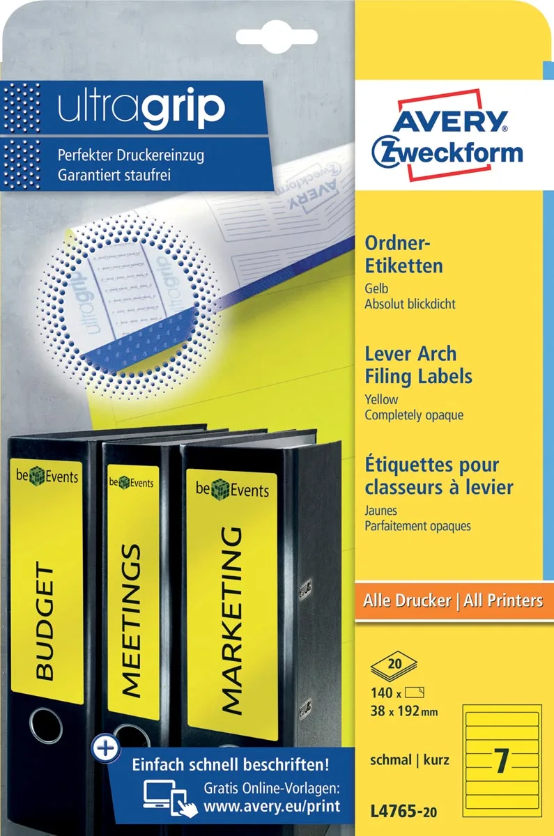 L4765-20 ordnerrugetiketten ft 19,2 x 3,8 cm (b x h), 140 etiketten, geel van Avery – productfoto