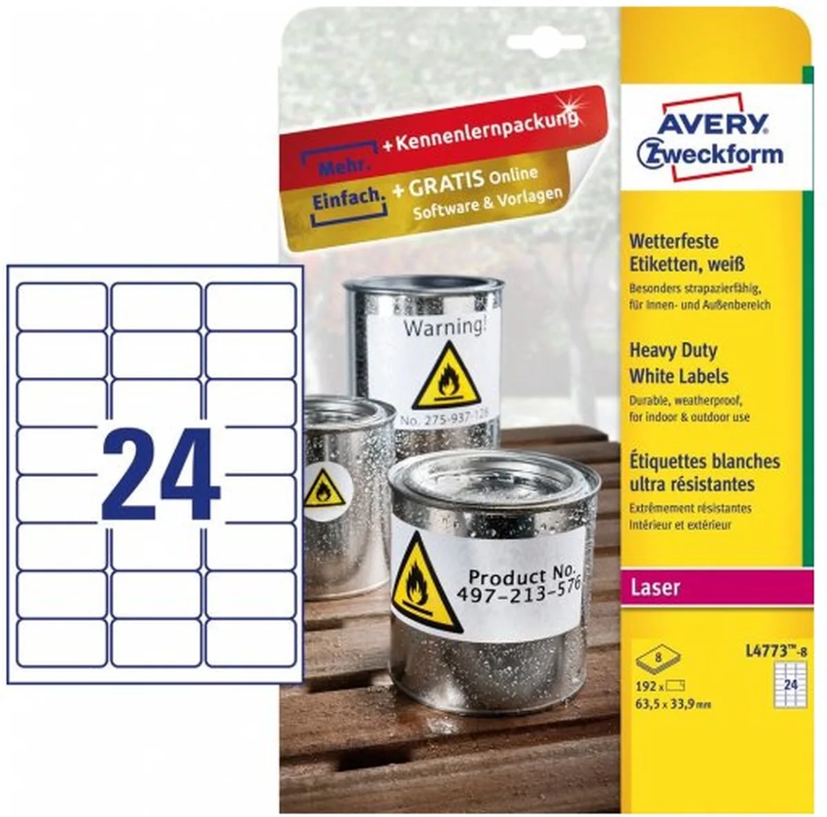 L4773-8 Folie-etiketten 63.5 x 33.9 mm Polyester folie 192 stuk(s) Permanent hechtend Laser (kleur) von Avery in Weiß – Produktfoto